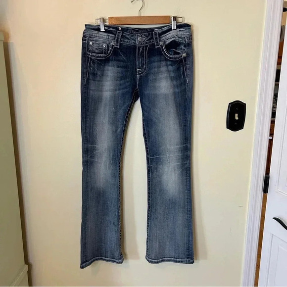 Miss Me Signature Bootcut Jeans Turquoise and Pink Embroidered Pockets with Rine - Picture 2 of 14